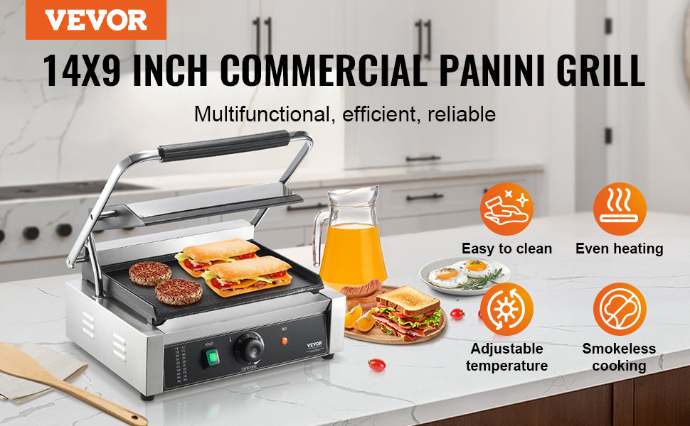 VEVOR kommerzieller Panini-Grill, 2200 W elektrischer Sandwich-Panini-Maker, Sandwich-Pressgrill aus Edelstahl, Panini-Grill mit Temperaturregelung und 36 x 23 cm großer, flacher Emaille-Platte