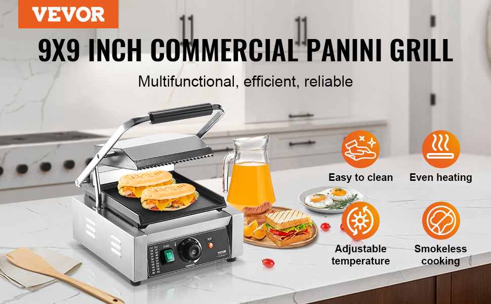 VEVOR kommerzieller Panini-Grill, 1800 W elektrischer Sandwich-Panini-Maker, Sandwich-Pressgrill aus Edelstahl, Panini-Grill mit Temperaturregelung und 23 x 23 cm großer flacher Emaille-Platte