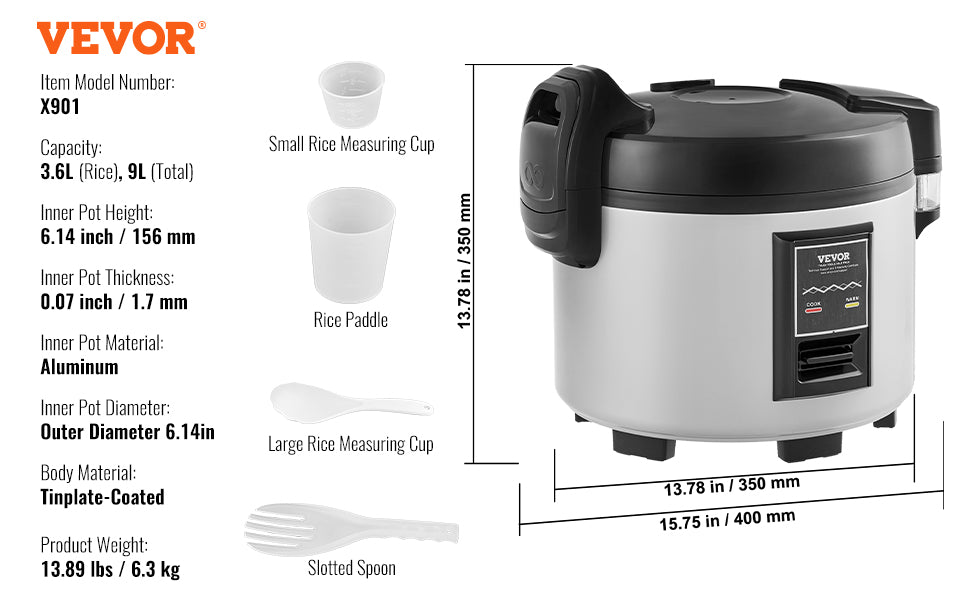 VEVOR Kommerzieller Reiskocher, 60-Tassen-Reiskocher, 13 Liter großer Reiskocher und Warmhalter mit antihaftbeschichtetem Innentopf, schnelles Kochen und 12-stündiges Warmhalten, mit Reisbecher und Paddel, für Restaura