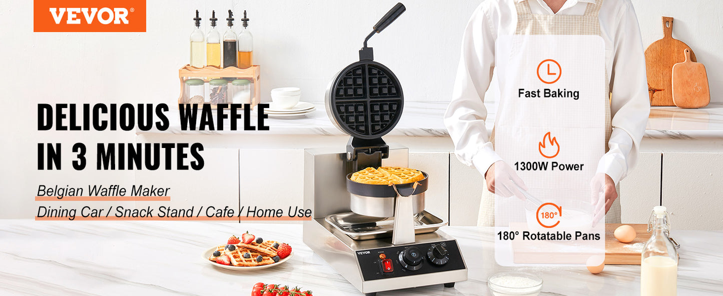 VEVOR Rundes Waffeleisen Waffel 1300 W, Kontaktgrill Belgische Waffeleisen 4 Stk. Edelstahl Waffeln Automat inkl. Lebensmittelclip & Bürsten & Verbrühungssicherer Griff, für Cafés, Restaurant usw.