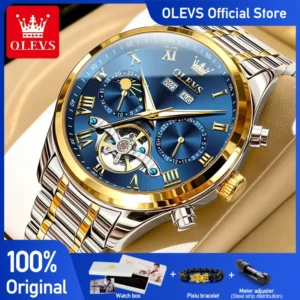 OLEVS Men's Watches Business Dress Automatic Mechanical Watch for Man Tourbillon Calendar Moon Phase Waterpoorf Wristwatch